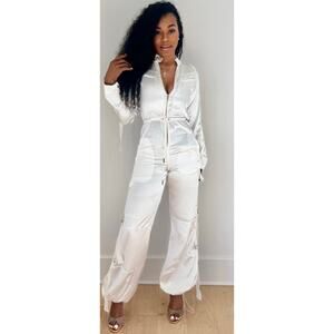 Rosevelvet small off white NEW satin like joggers jumpsuit ($98 retail zip front